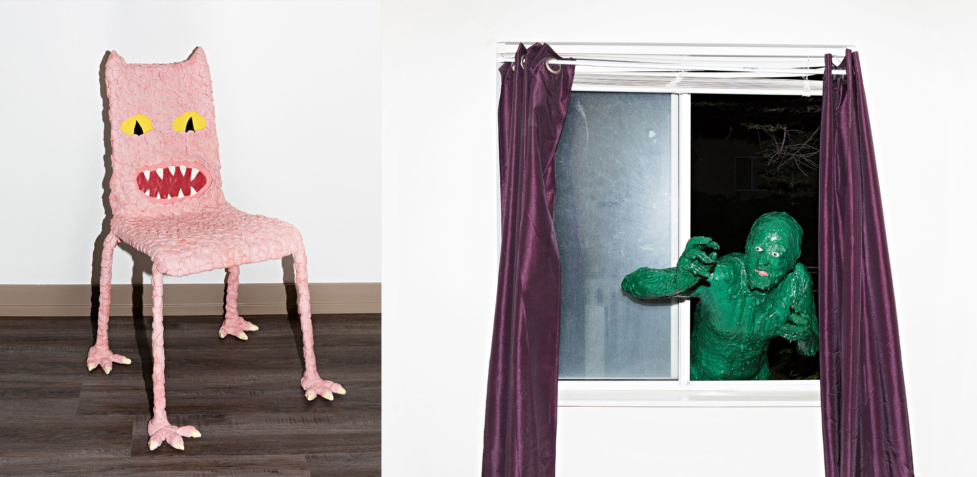 Left: Jacob Haupt, Demon Chair, 2020 / Right: Window Creep, 2017